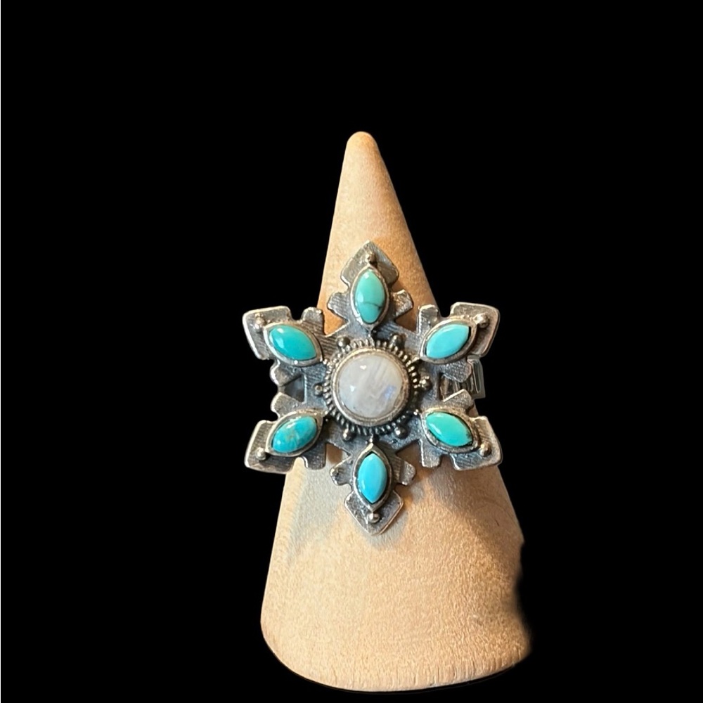 Turquoise & Moonstone Snowflake Ring - 925 Sterling Silver - Adjustable